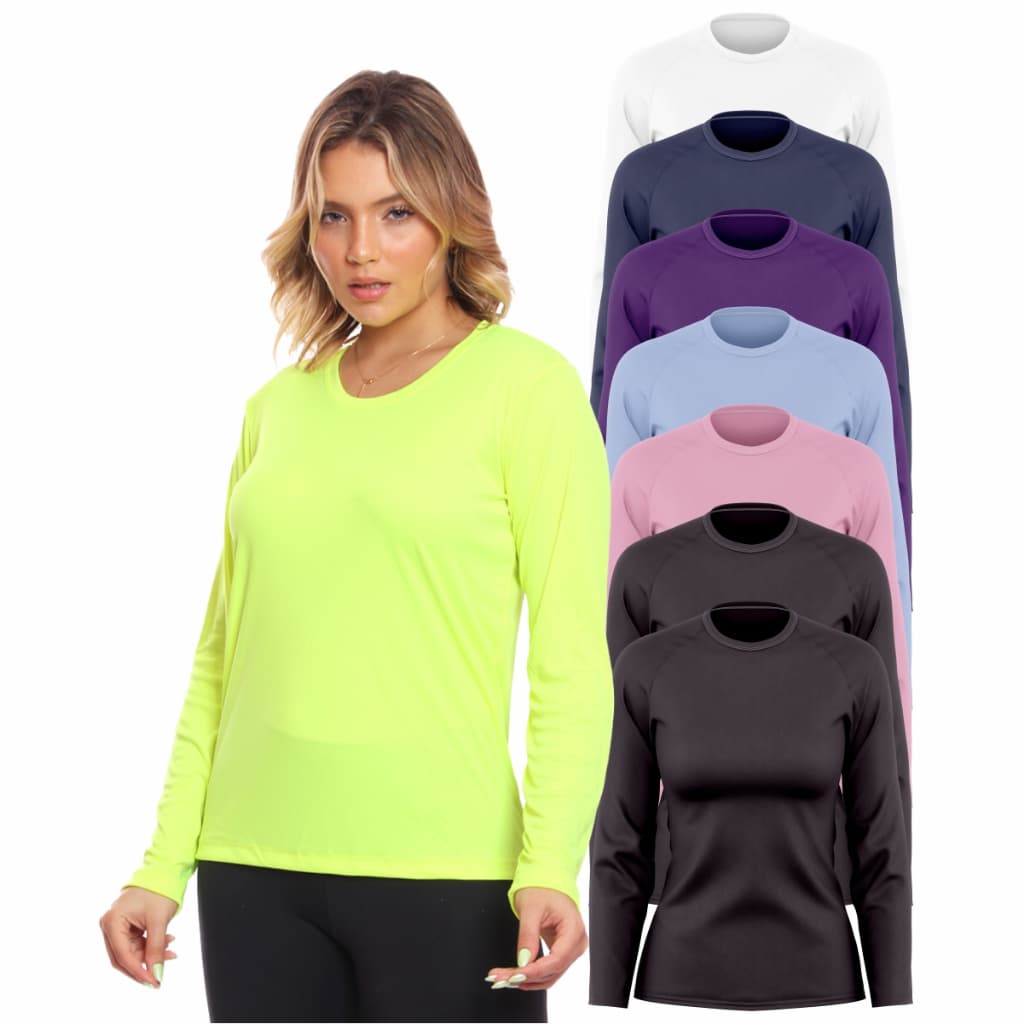 Kit 7 Camiseta Feminina Proteção Solar Manga Longa Adulto Dry Fit