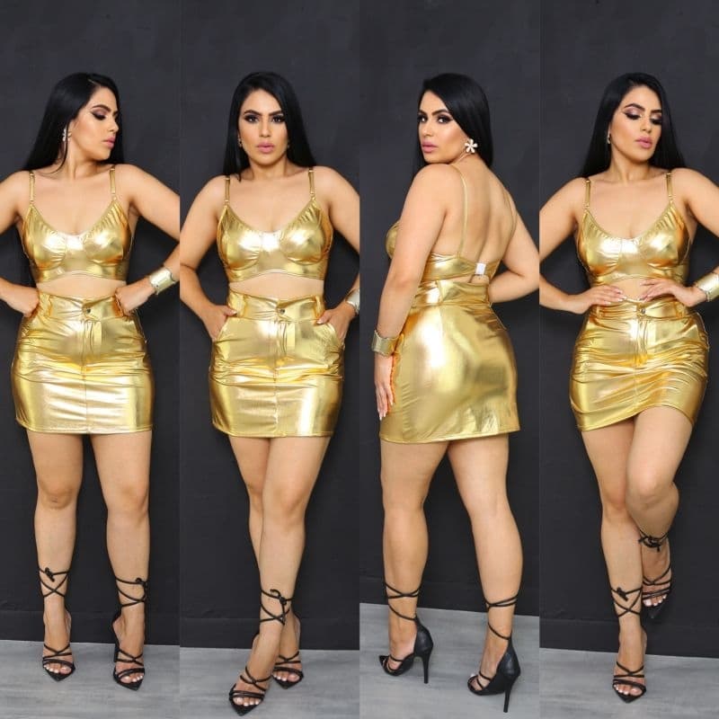 Conjunto Feminino Top e Saia Metalizado Festa Carnaval Tendência