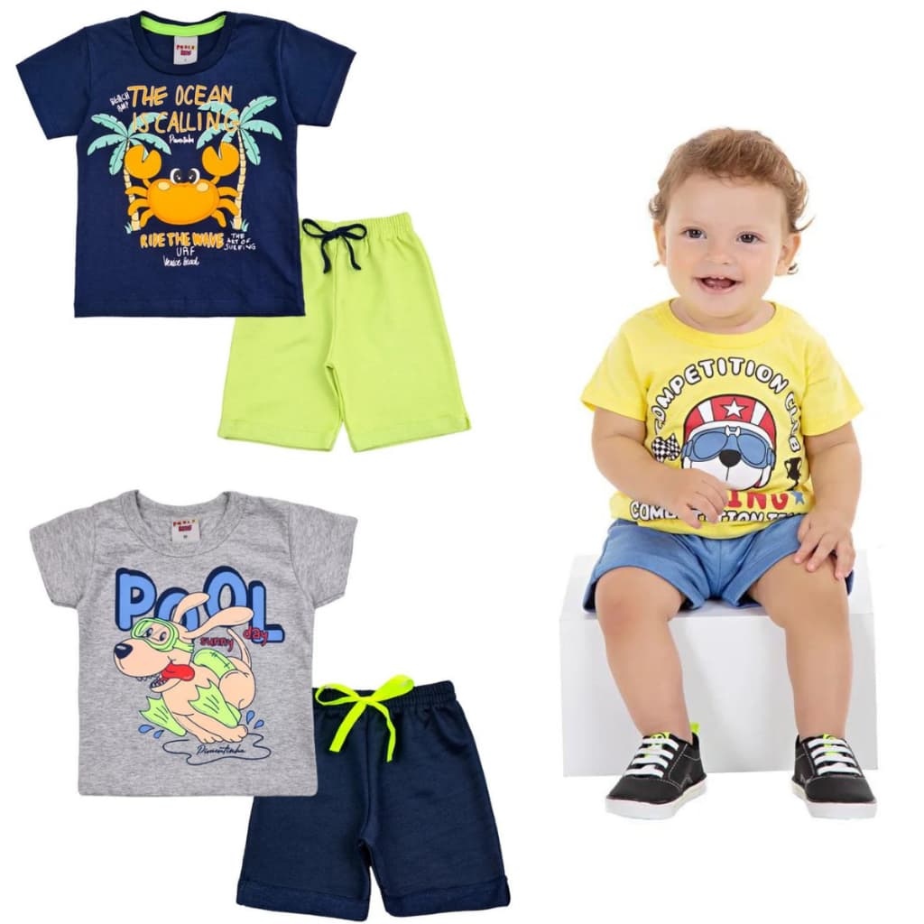 Kit 4 Peças de Roupas Infantil Menino Kit 2 ou 1 Conjuntos de Verão Menino Ideal para escola, passeio , creche