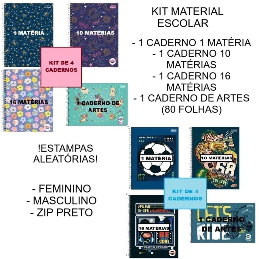 Kit Material Escolar De 4 Cadernos Tilibra 1 E 10 E 16 Matérias Com Caderno De Artes Cartografia