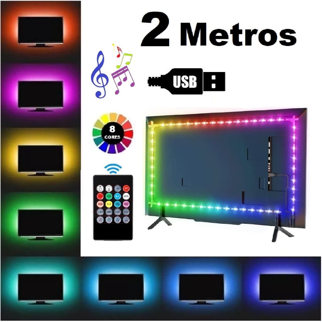 2 Metros Fita LED Ultra RGB Multicores USB + Com ou Sem Sensor Rítmico + Controle Remoto Sem Fio IR