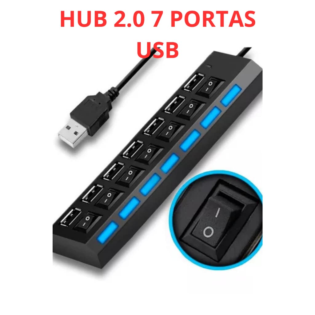 Hub Usb Cabo Extensor Régua Usb 2.0 4 / 7 portas USB  High Speed Hd Pen Drive Pc