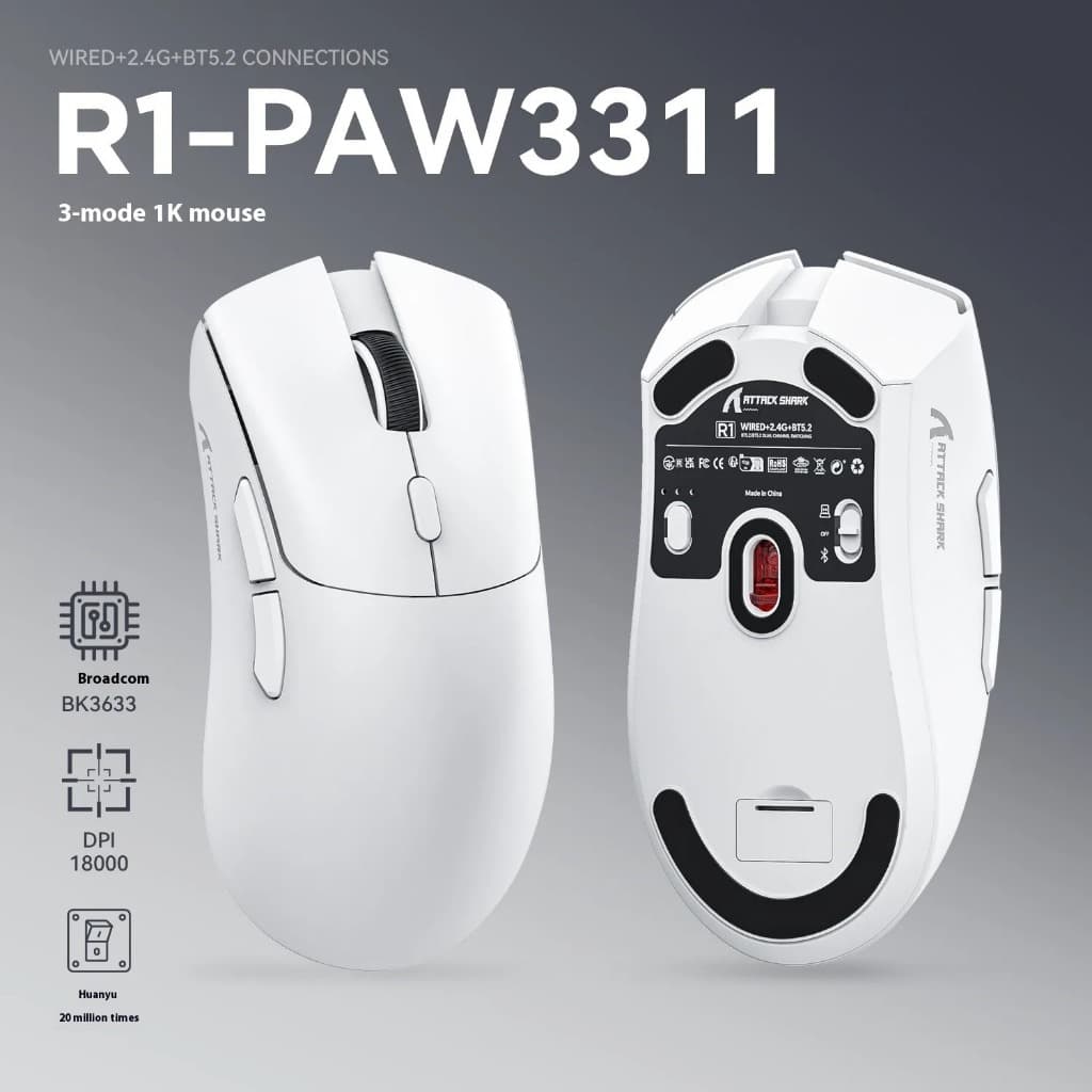 Mouse Gamer Attack Shark R1 18000dpi Paw3311 Tri Mode 1000hz