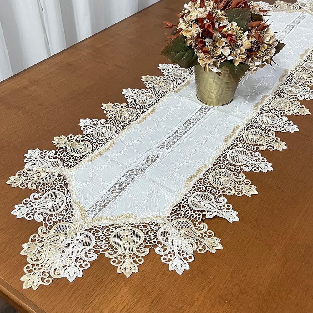 Caminho Trilho de Mesa Bordado Lese Barrado em Guippir 1,50m Mesa Posta Decoração Luxo