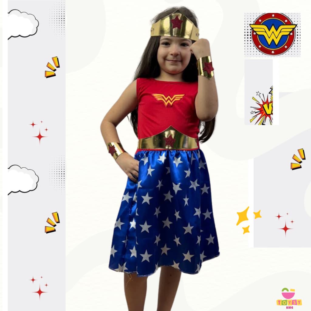 Fantasia Infantil Super Heroína Mulher Maravilha Com Acessórios