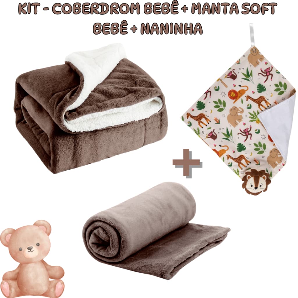 Kit 3 Itens Bebê - Coberdrom Sherpa + Manta Soft + Naninha Para Berço