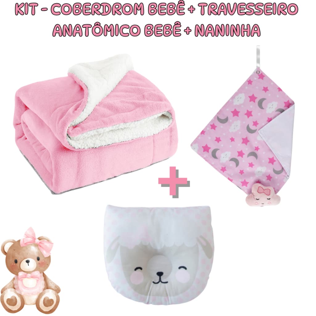 Kit 3 Itens Coberdrom Bebê + Travesseiro Anatômico Bebê + Naninha