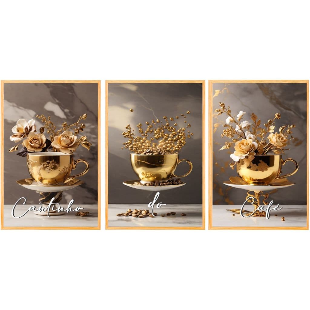 Quadros Decorativos 3 Peças Cantinho Do Café Moderno Para Cozinha Decoração Dourado Luxury (CAFÉ)