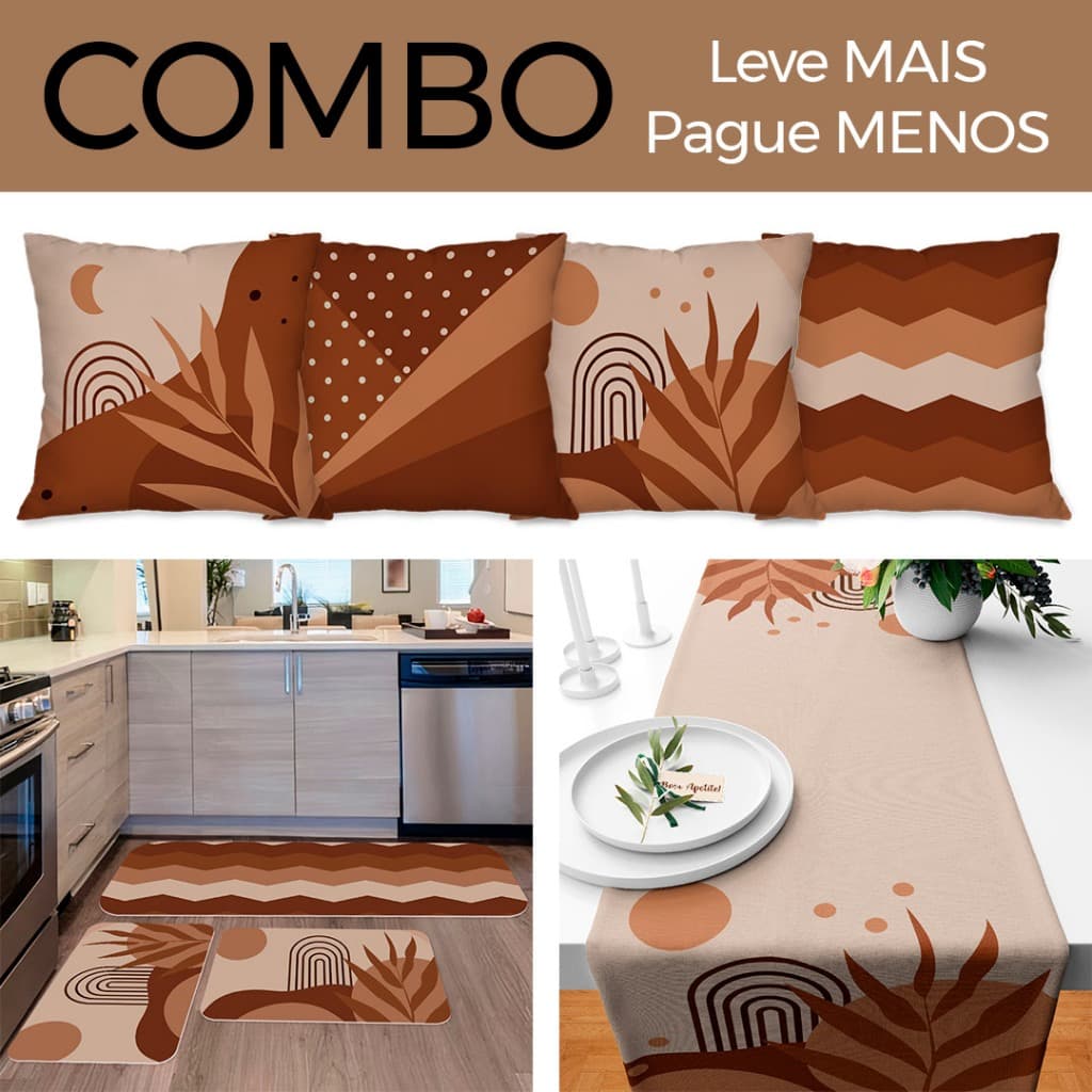 COMBO DECORAÇÃO: Kit com 4 Capas para Almofadas + Kit com 3 Tapetes para Cozinha + Trilho de Mesa 09