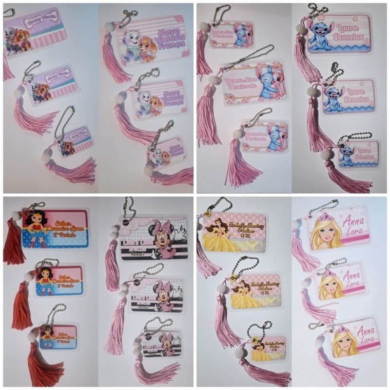kit Chaveiros Tags Personalizados identificação escolar vários temas.