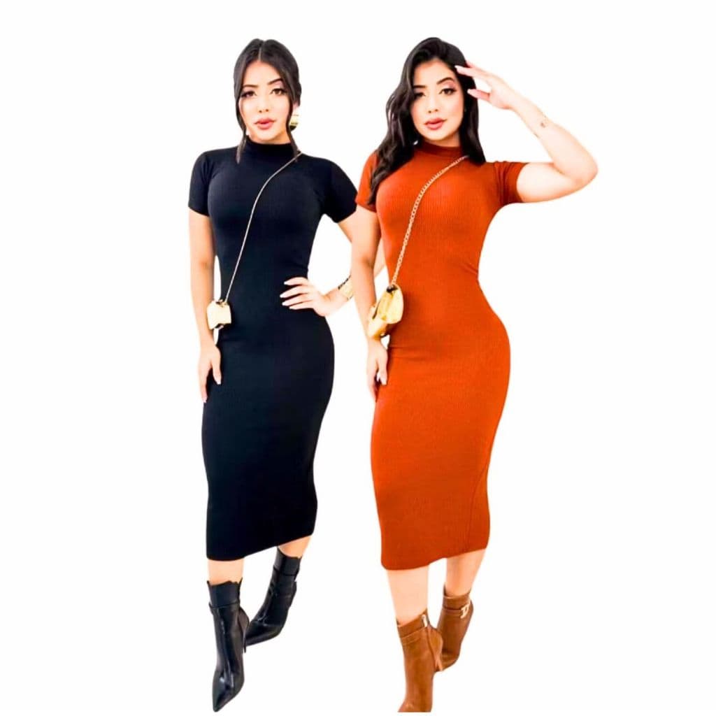 Kit 2 Vestido Feminino Midi Canelado com Manga Elegância e Ousadia em uma Peça