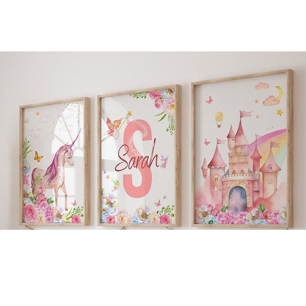 Quadros Unicórnio Castelo Personalizado Decoração Nome Rosa Infantil Quarto