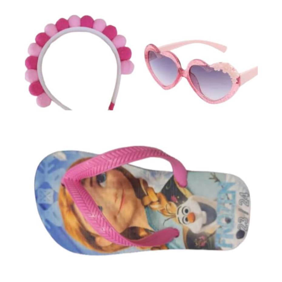 Chinelo , frozem e minei e personagens oculos e tiara infantil feminino , super kit 3 em 1 para a alegria da sua filha.