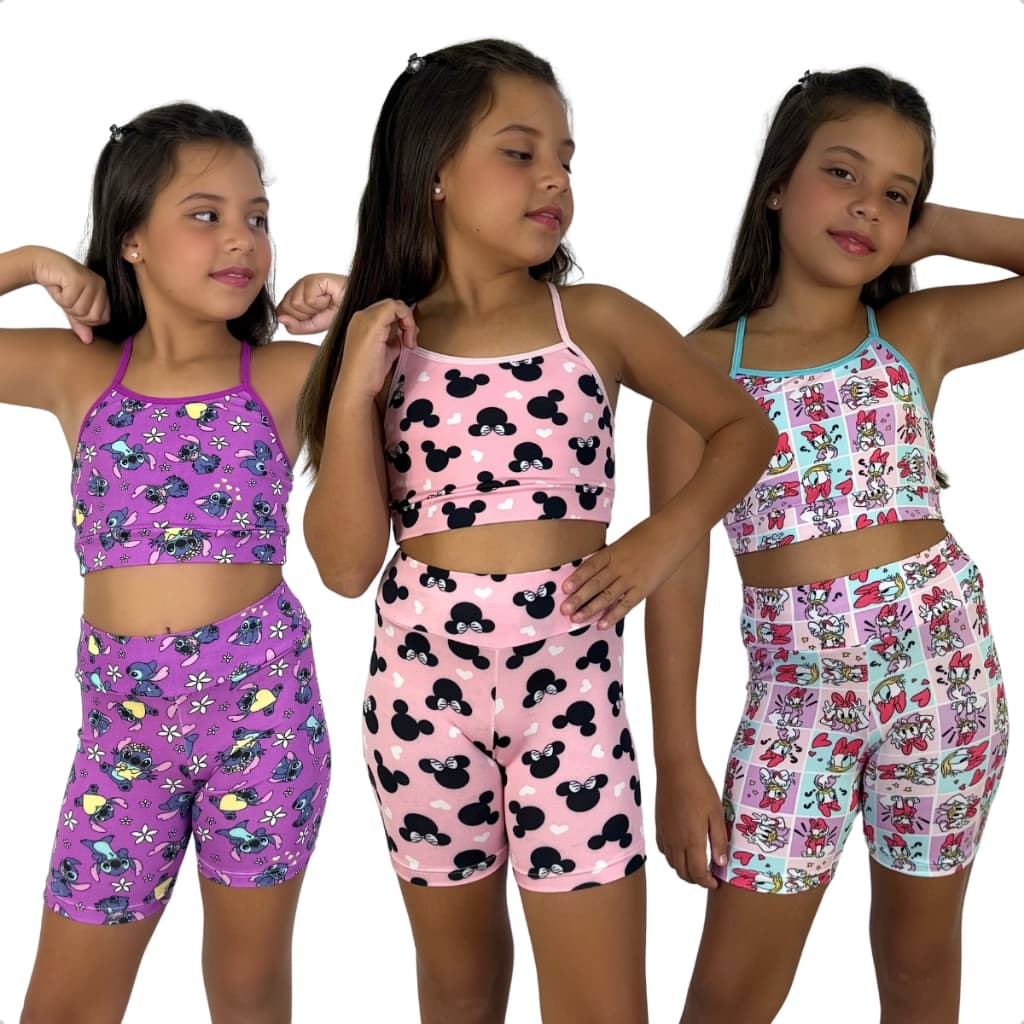 3 Conjunto Fitness Infantil Feminino Estampado Menina Bermuda Cropped Alcinha Personagens
