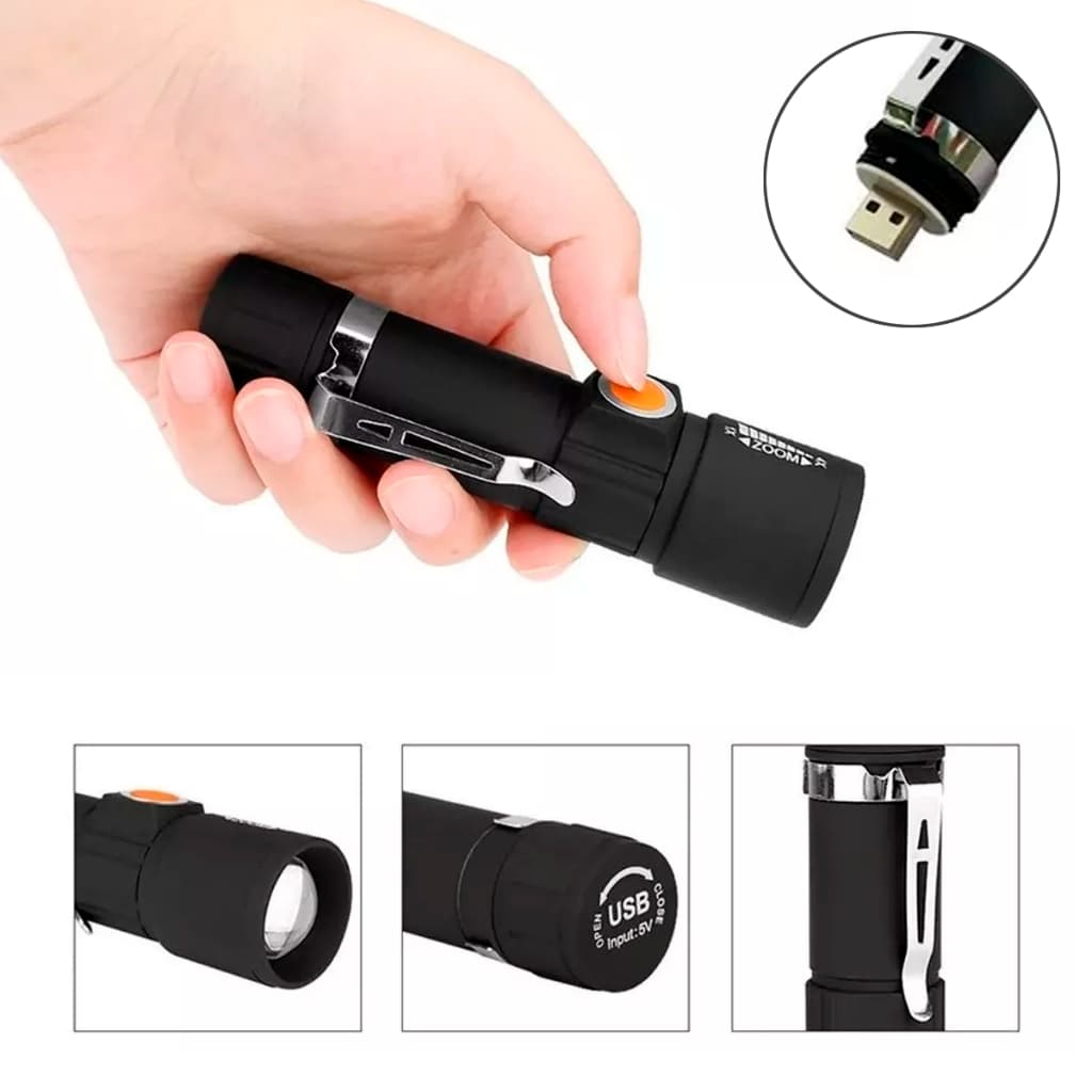 Mini Lanterna Bolso Recarregável USB LED T6 Portátil