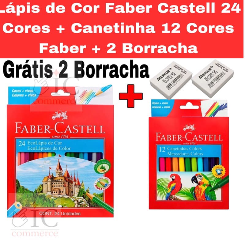 Kit Lápis De Cor Faber 24 Cores+ Canetinha Hidrográfica 12 Cores Faber+2 Borracha Promoção Volta as Aulas
