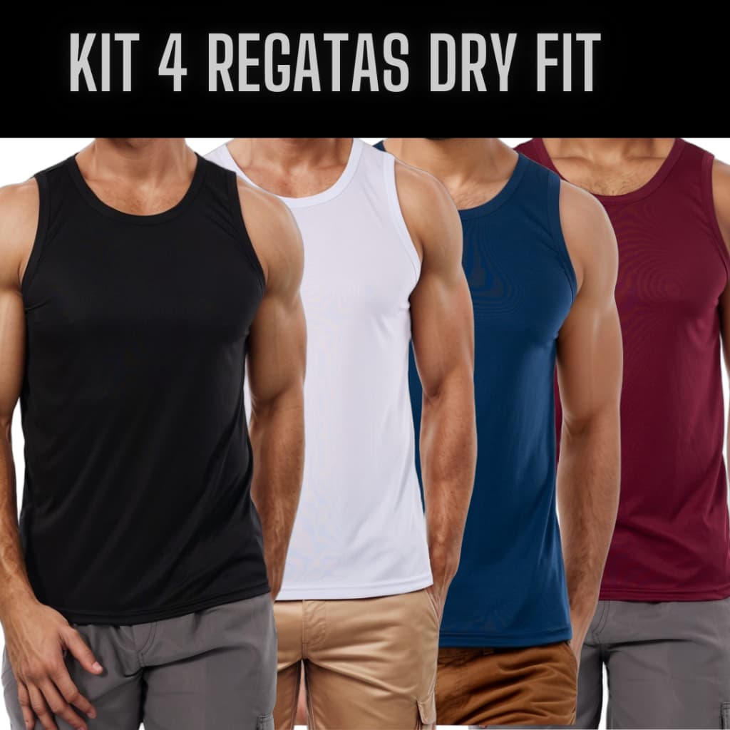 KIT 4 REGATAS MASCULINA DRY FIT - BLUSA BÁSICA ACADEMIA MUSCULAÇÃO