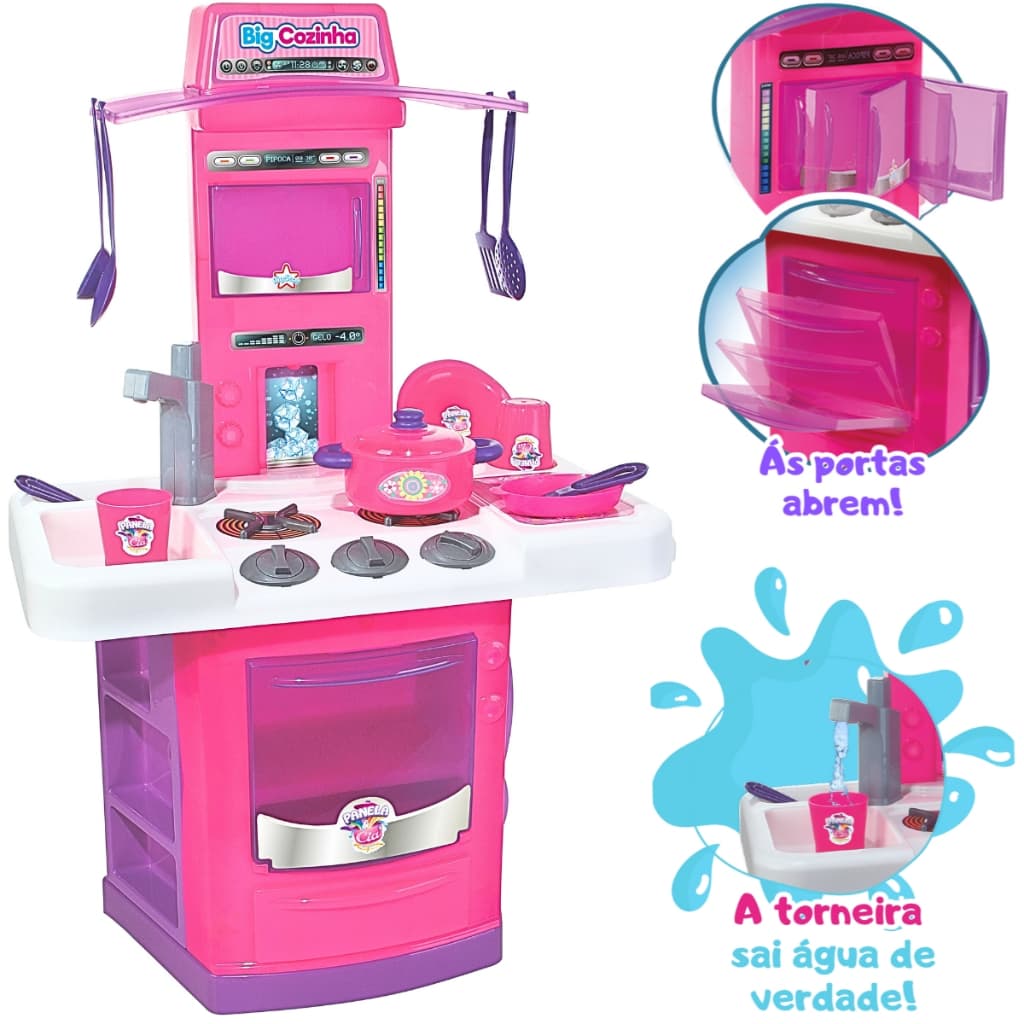 Brinquedo Cozinha Infantil Menina Kit Completa Fogão Forno Geladeira Sai Água De Verdade Grande