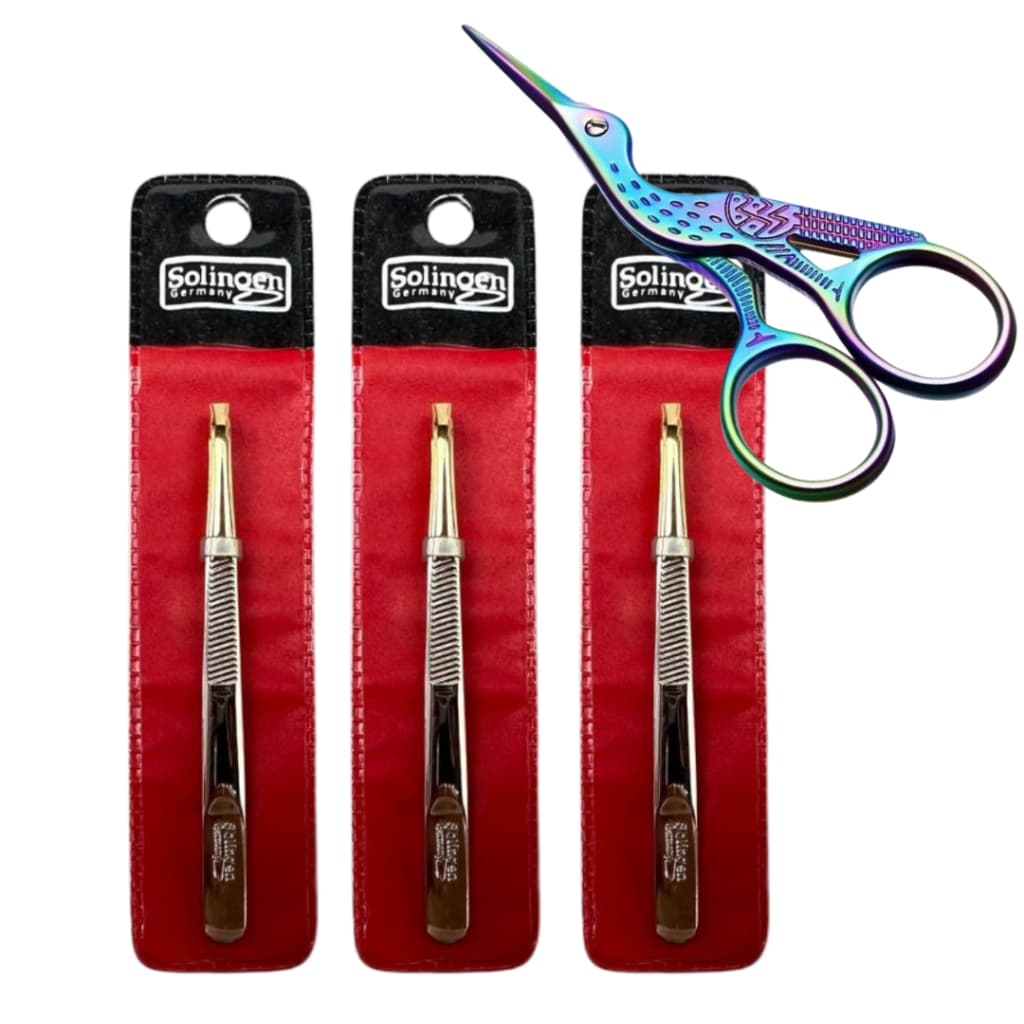 Kit 3 Pinça Solingen Reta Ponta Obliqua Design Sobrancellha + Tesourinha Passaro Color