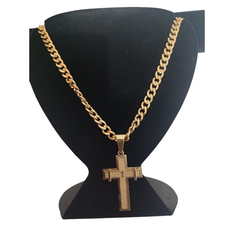 Corrente cordão grosso masculino + pingente Cruz Pai nosso 925k dourado e banhado
