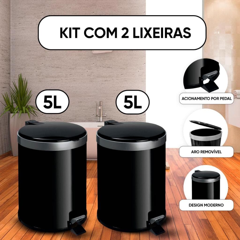 Kit 2 Lixeiras Banheiro Cozinha com Pedal 5 Litros Plástico Cesto de Lixo Escritório