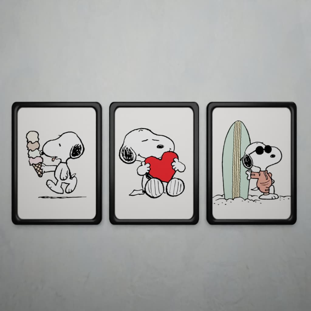 Kit de 3 Quadros Decorativos Com Moldura tamanho 30x20cm - Tema Snoopy Infantil