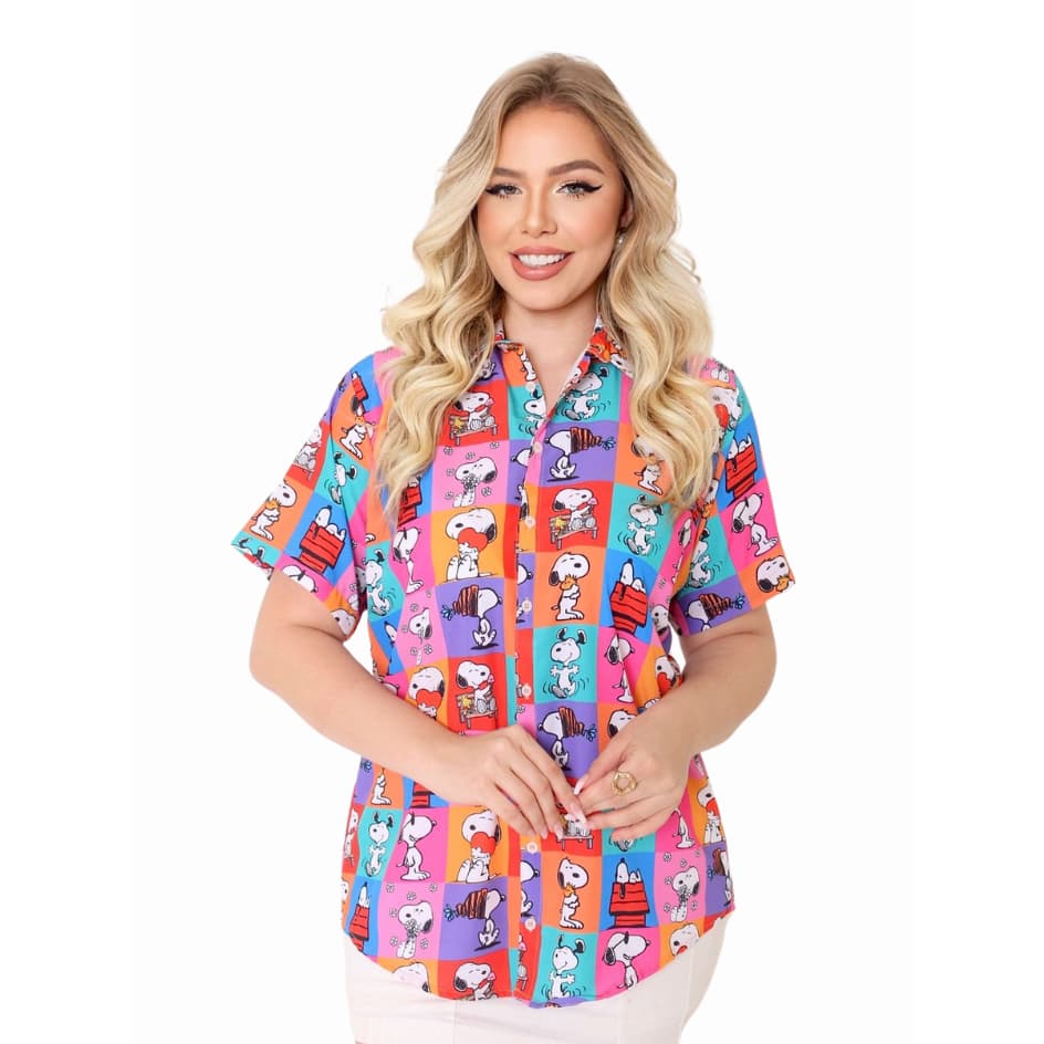 Camisa Blusa Social de Botões Manga Curta Estampada Snoopy Collor Colorida
