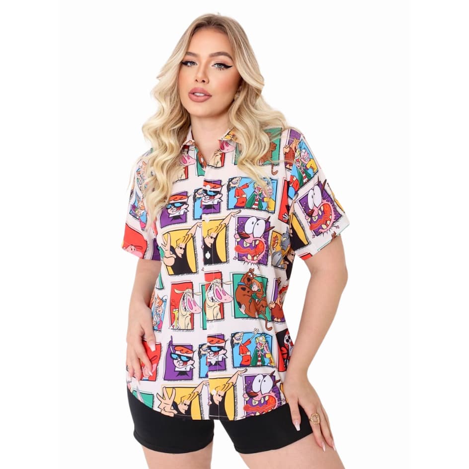 Camisa Blusa Social de Botões Manga Curta Personalizada Divertida Estampada Cartoon Network