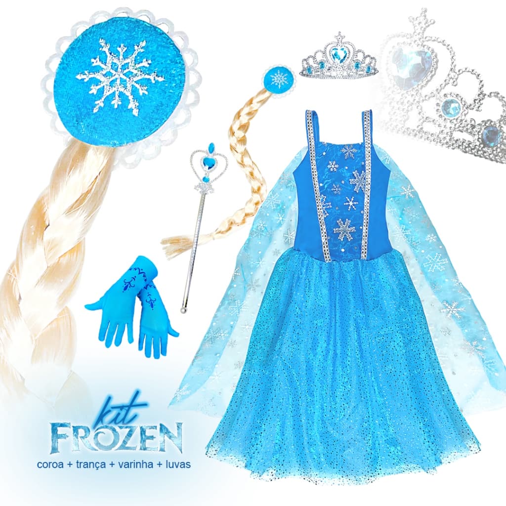 Vestido Fantasia Frozen Elsa Infantil Com Capa E Acessórios