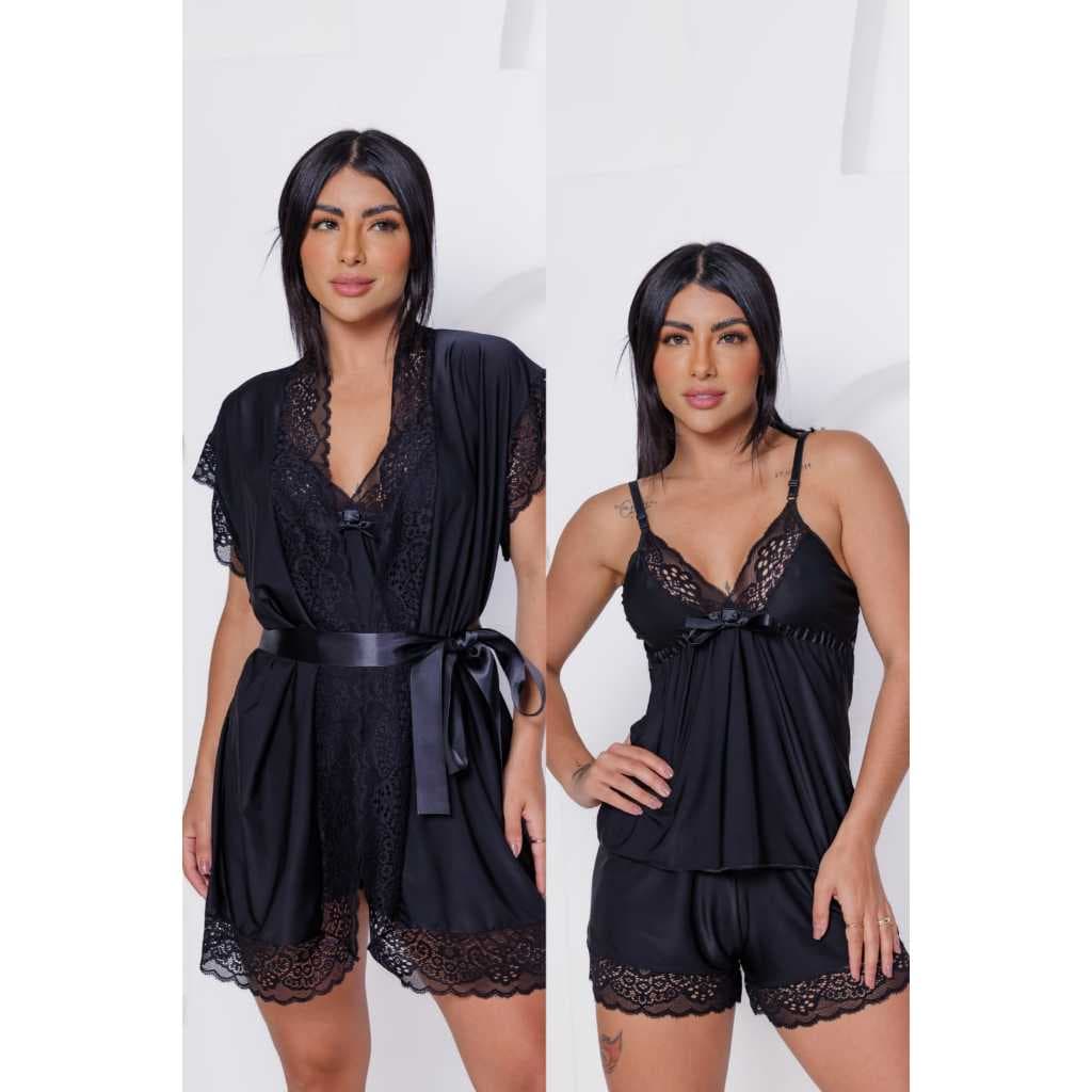 Kit Baby Doll Feminino Com Robe Roupa de Dormir