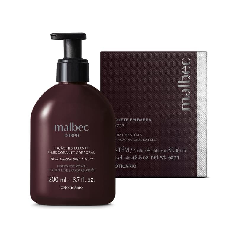 Kit Presente Malbec: Hidratante Desodorante 200ml + Sabonete em Barra 4x80g