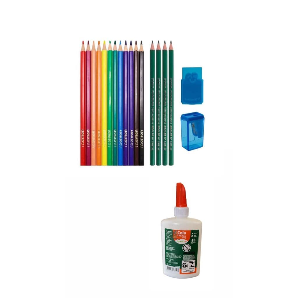Kit Lápis de Cor 12 Cores com 4 Lápis Hb Borracha/Apontador e Cola Liquida 90 g Leo&Leo
