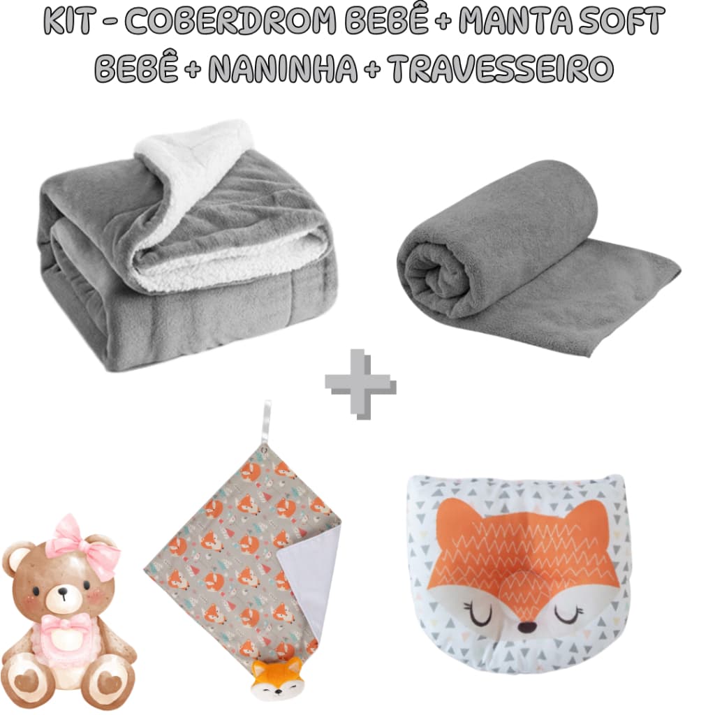 Kit 4 itens bebê - Manta Sherpa + Manta soft + Naninha + Travesseiro Anatômico