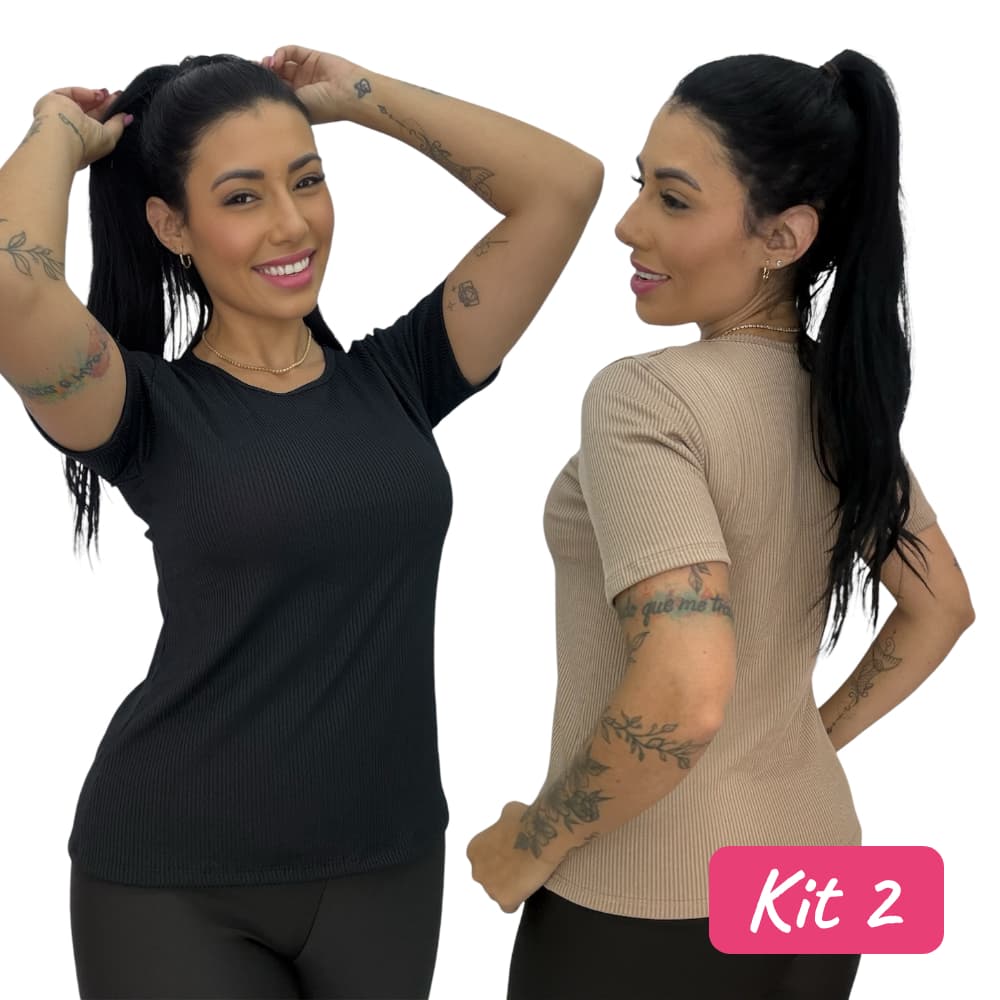 Kit com 2 t-shirt Feminina Ribana Canelada Básica Com Manga Curta
