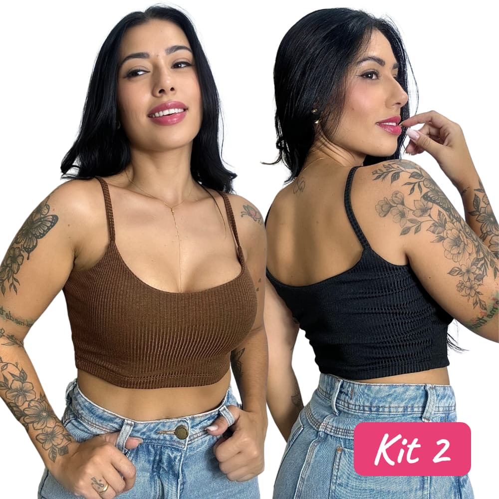 kit 2 Cropped canelado feminino forrado com Alça fina Básico