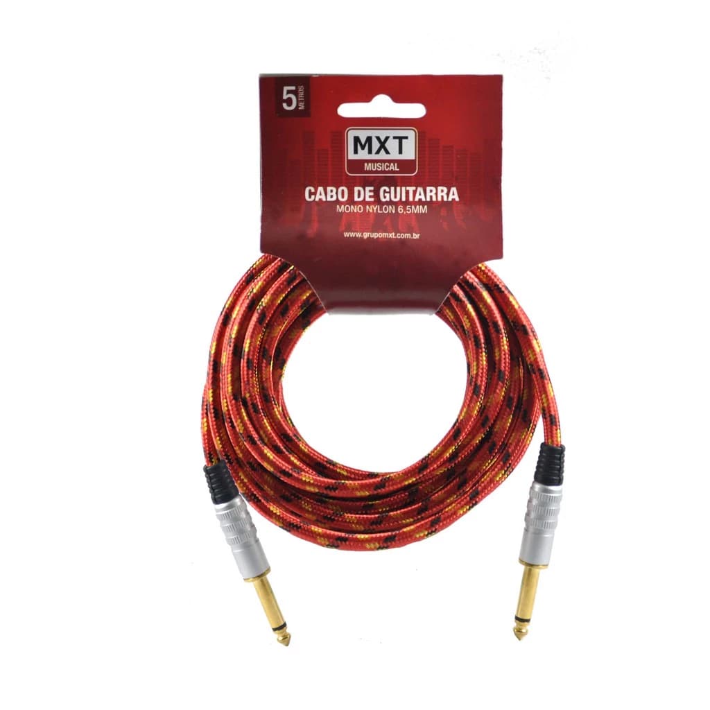 Cabo Para Guitarra Violão  Baixo 5 Metros Blindado P10 x P10 Dourado/Vermelho Mxt 8167