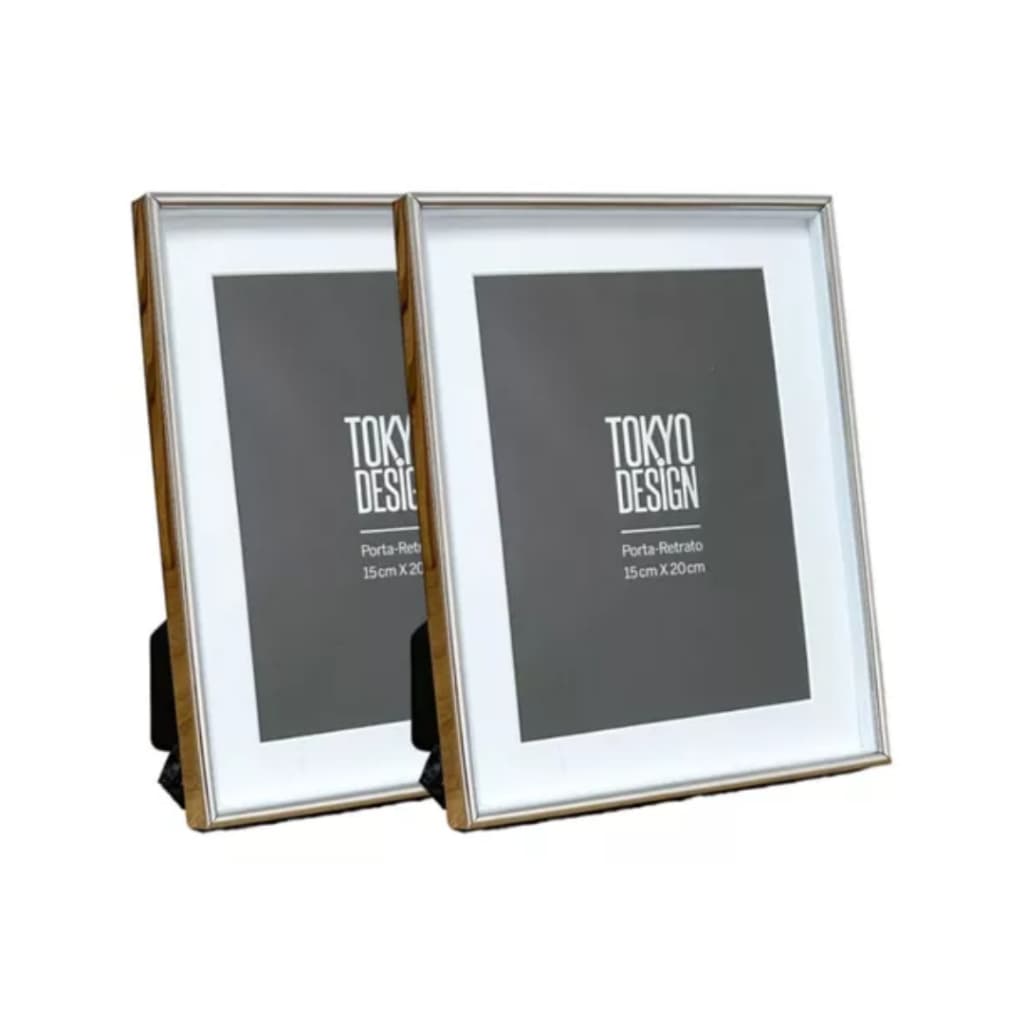 Kit 2 Porta Retratos 15x20 Aço Inox E Vidro Moldura Bicolor Prata e Branco