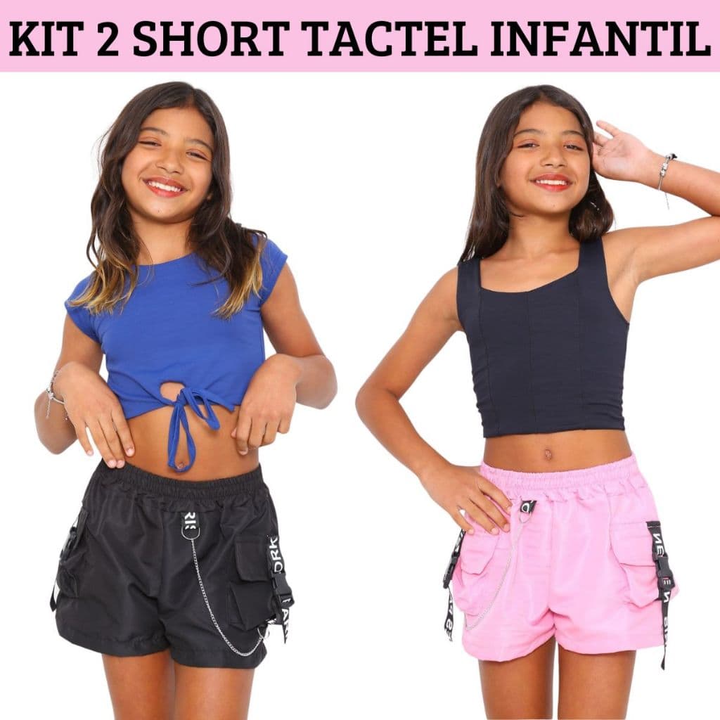 Kit 2 Short Infantil Para Meninas Feminino Tactel Fita e Corrente 4 Bolsos 4 Cores Short Cargo Criança Shortinho Verao