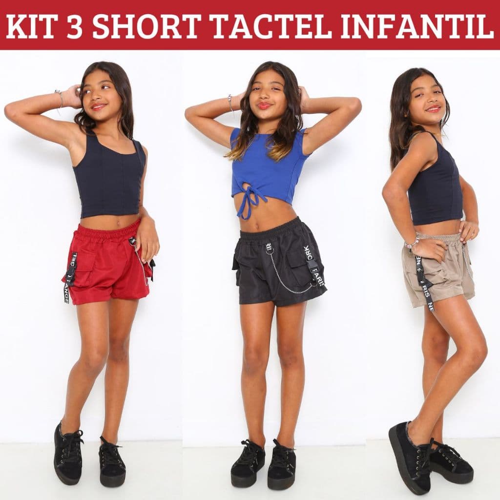 Kit 3 Shorts Feminino Infantil Para Meninas Tactel Fita e Corrente 4 Bolsos 4 Cores Short Cargo Criança 10 12 14 Anos