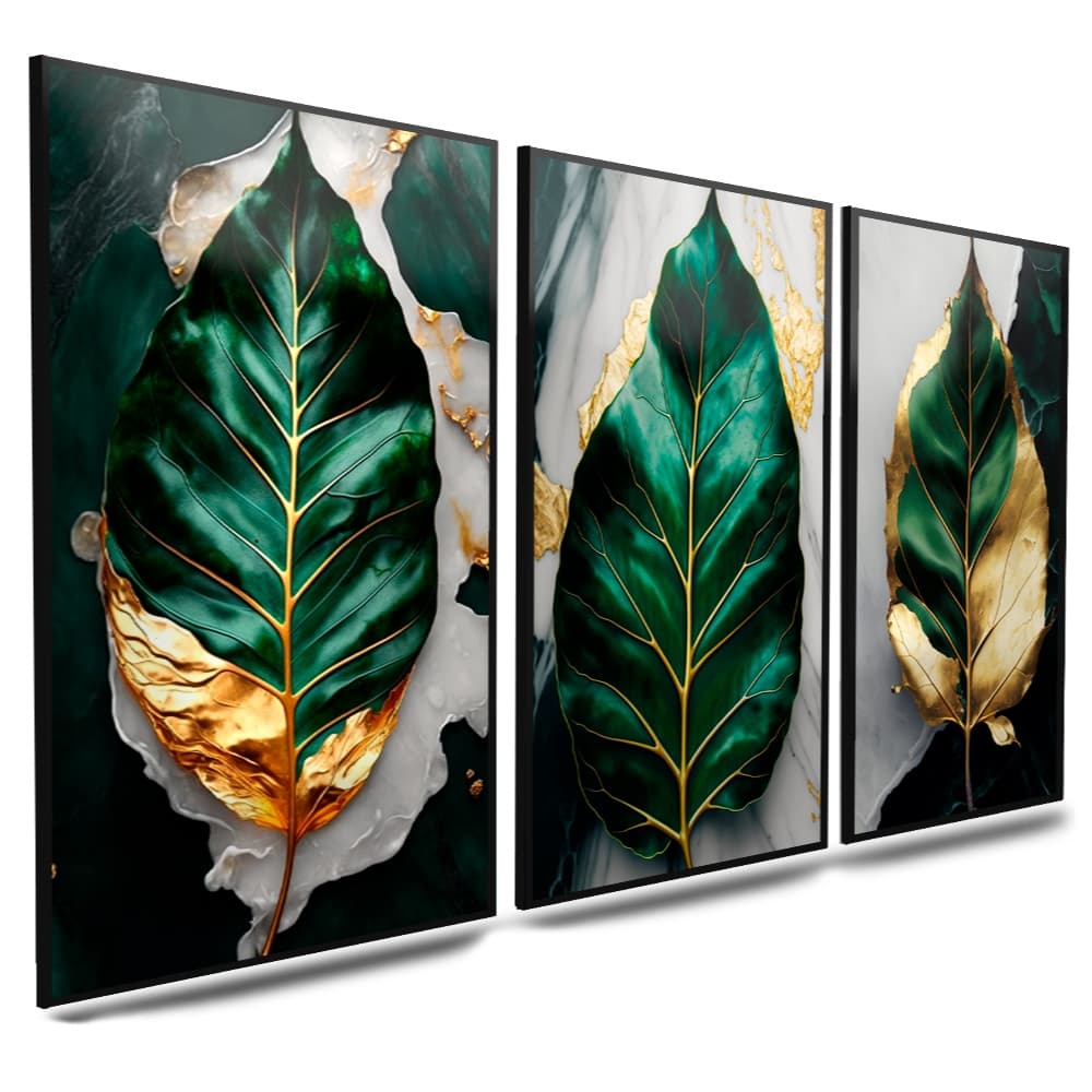 Quadros Decorativos Folhagem abstrata de luxo 3 Peças Mosaico Sala Quarto Escritório