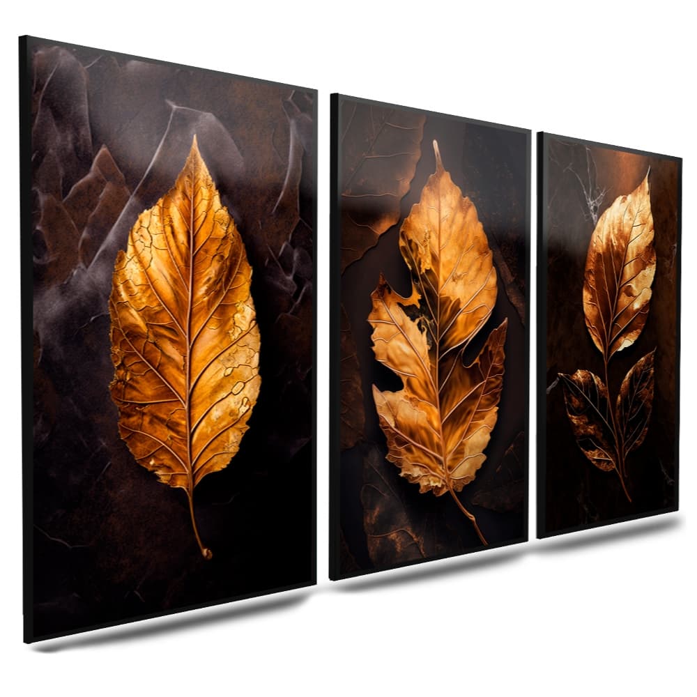 Quadros Decorativos Folha Dourada Abstrata 3 Peças Mosaico Sala Quarto Escritório