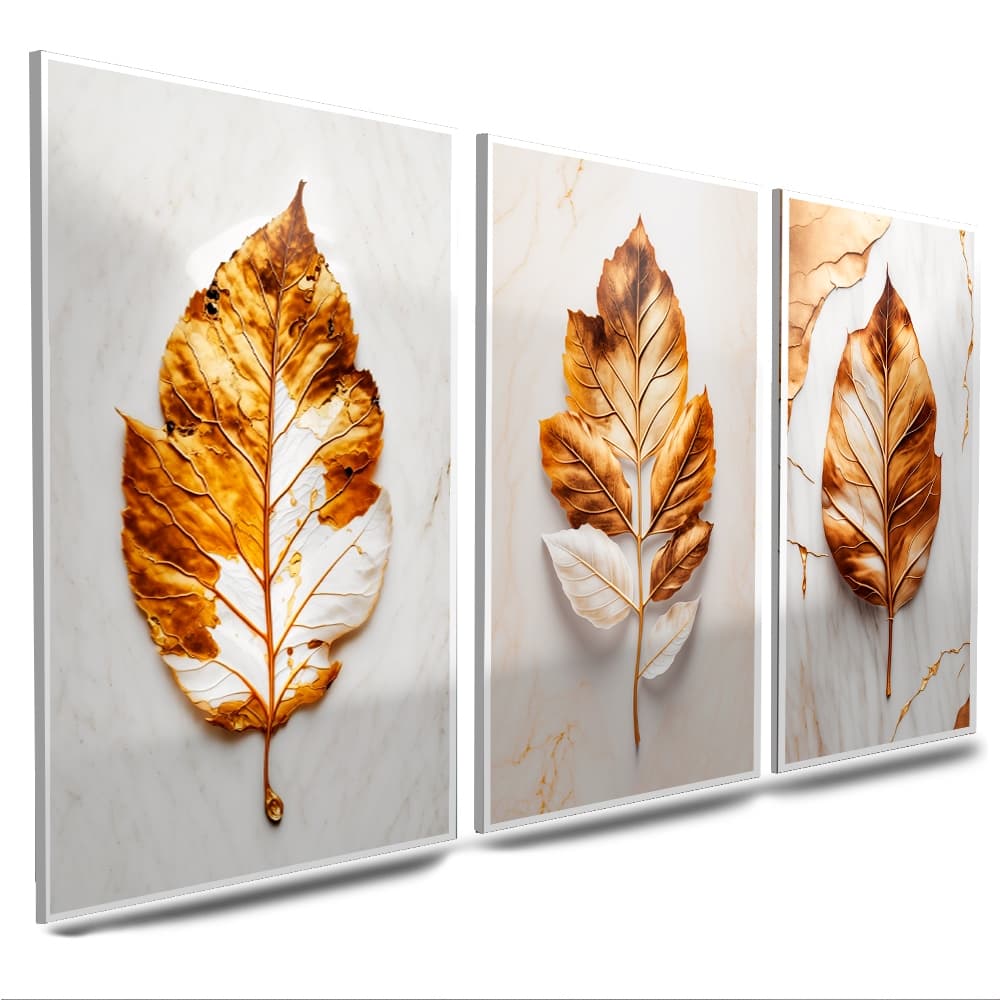 Quadros Decorativos Folhas Douradas Abstrato 3 Peças Mosaico Sala Quarto Escritório