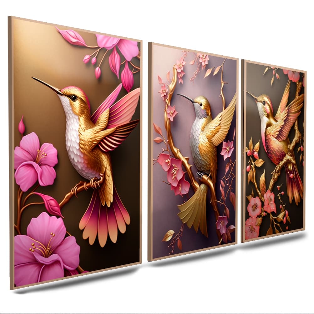 Quadros Decorativos Passarinhos Vintage Abstrato 3 Peças Mosaico Sala Quarto Escritório