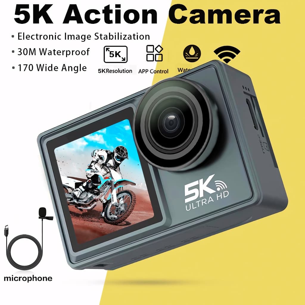 Câmera de Ação AUSEK 5K, 60FPS, 24MP, Desportiva Impermeável, Anti-Tremulação, Ângulo de 170°