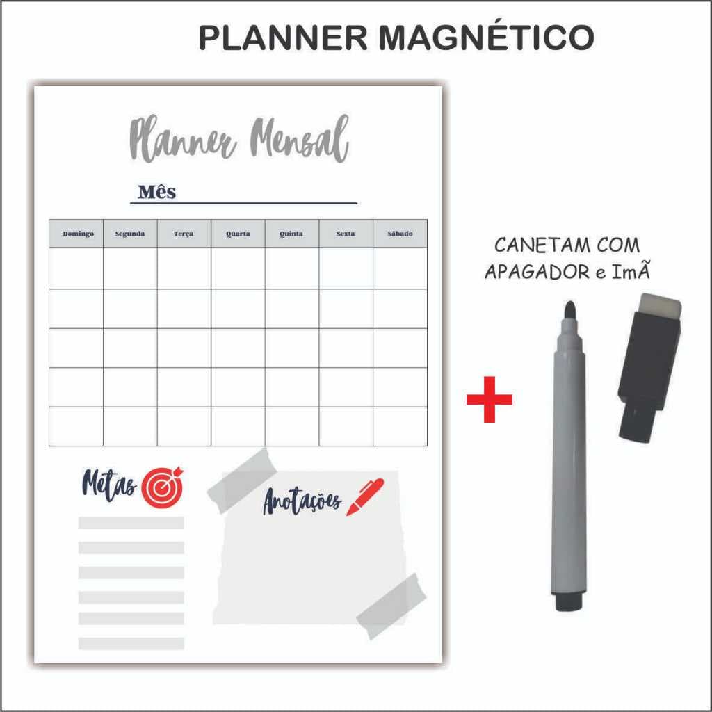 Imã de Geladeira Planner  Magnético com Caneta Escreve e Apaga