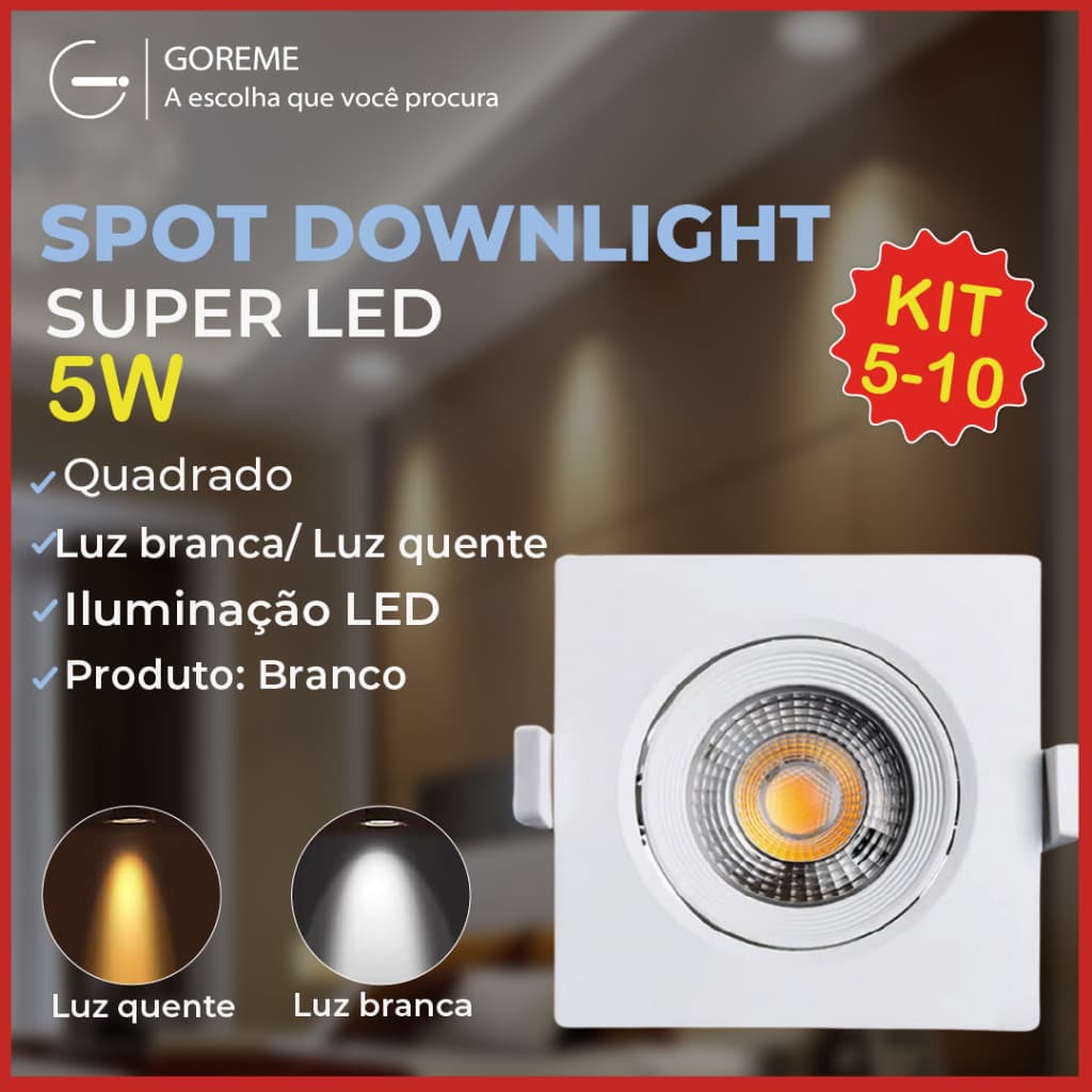 Kit 10 Luminária Spot Led Quadrado Direcionável 5W Embutir Gesso Teto Luz Fria ou Quente Bivolt