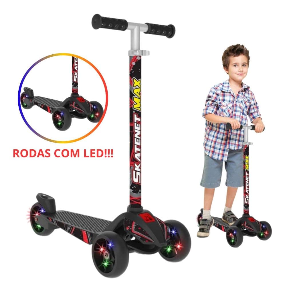 Patinete Infantil 3 Rodas Luz Led Suporta 120kg Skatenete