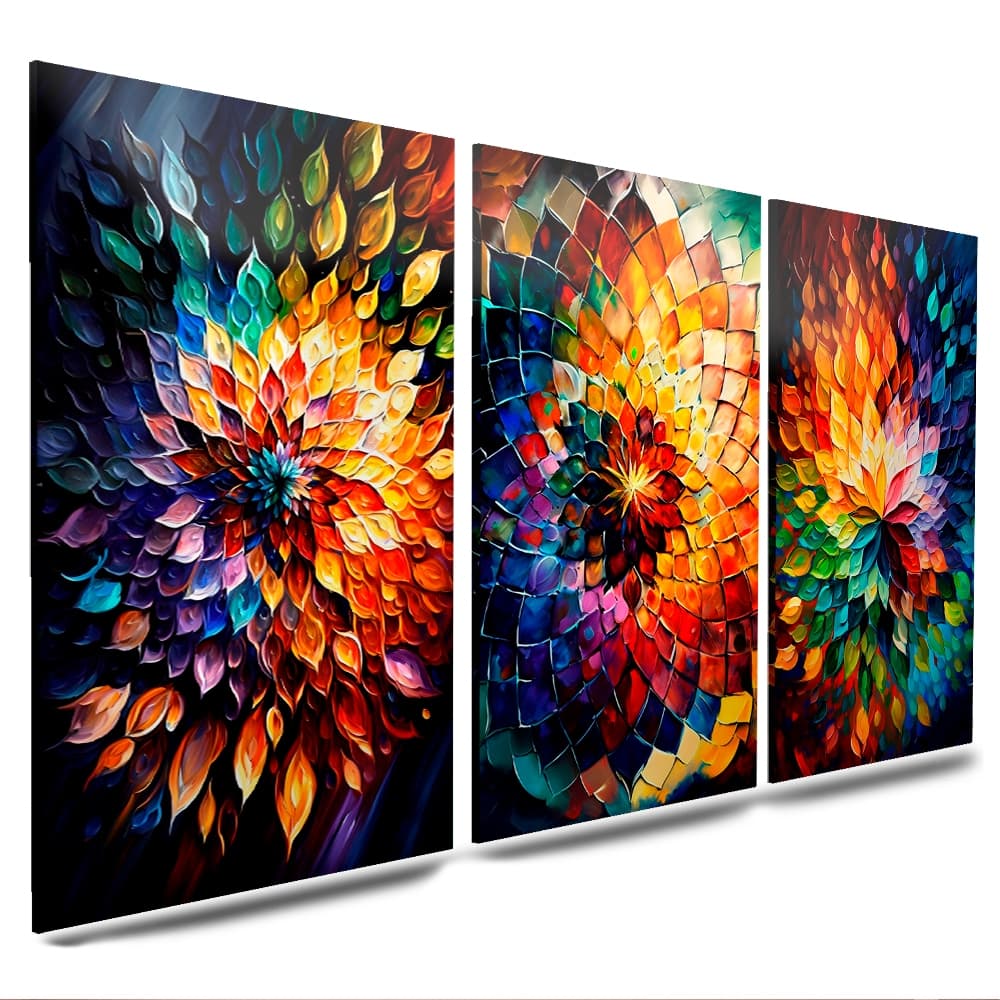 Quadros Decorativos Flor Colorida geométricos abstratos 3 Peças Mosaico Sala Quarto Escritório