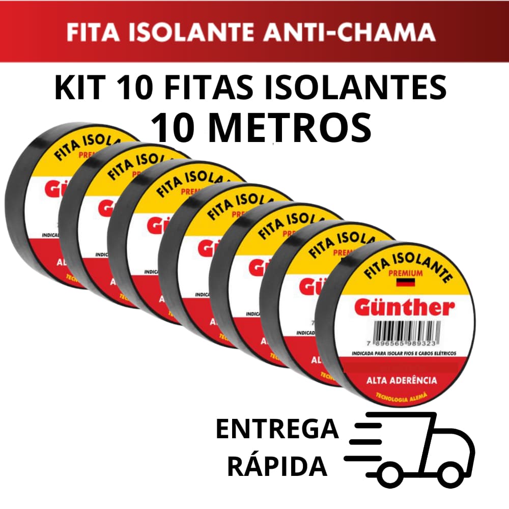 Kit 10 ou 5 Fitas isolante 10 Metros Alta Qualidade Anti-Chama Gunther