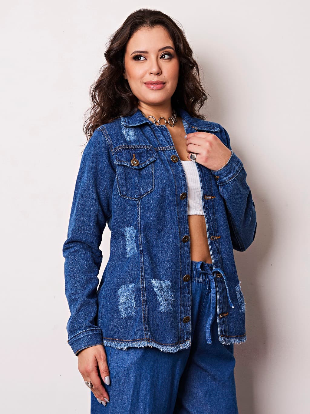 Max Jaqueta Jeans Barra Desfiada Moda Feminina